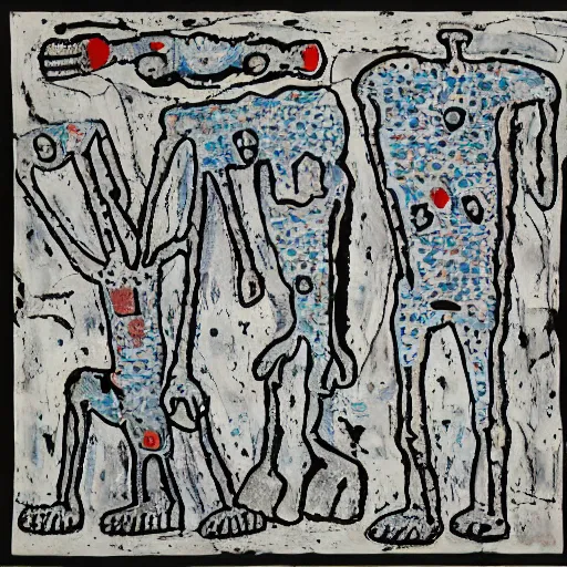 Image similar to desperation; pathetic creature with nothing to lose; hopelessness; drab landscape; desolation; dubuffet