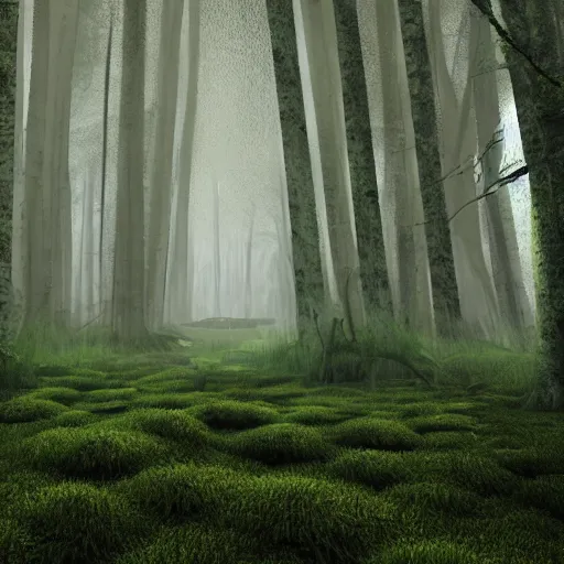 Prompt: Foggy forest with huge trees overgrown with moss and lianas, a hunter in combat wooden exoskeleton with chrome details walks between the roots. beautiful strange detailed painting 8k resolution deviantart trending on Artstation concept art digital illustration Unreal Engine VRay, lots of reflective surfaces, lots of reflective surfaces, subsurface scattering