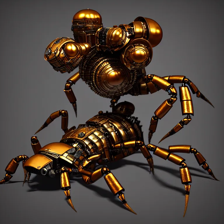 Image similar to steampunk robot scorpion, 3 d model, unreal engine realistic render, 8 k, micro detail, intricate, elegant, highly detailed, centered, digital painting, artstation, smooth, sharp focus, illustration, wlop