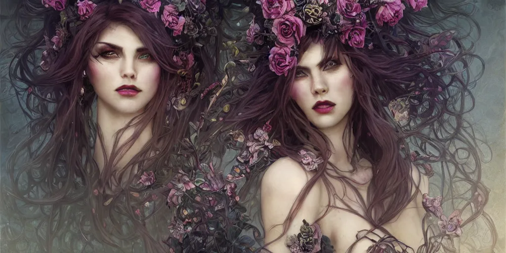 Image similar to flowerpunk necromancer lord with a mischievous smile, unreal, fantasy, intricate, elegant, dramatic, highly detailed, photorealistic, digital painting, painterly, artstation, concept art, smooth, sharp focus, art by john collier and krenz cushart and artem demura and alphonse mucha and albert aublet