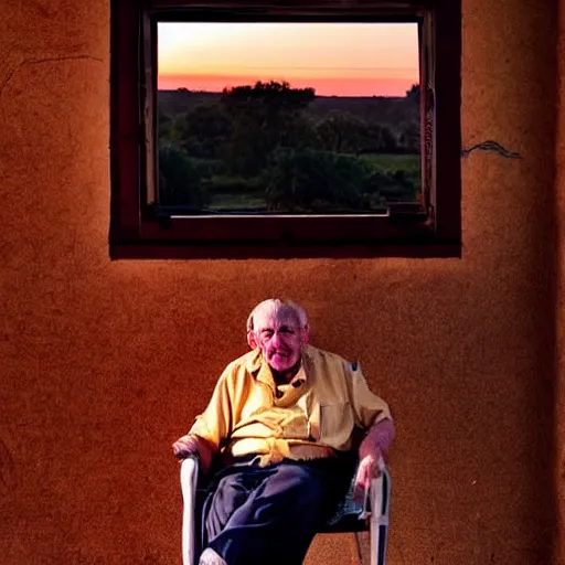 Image similar to A very old man, sitting in a chair in front of a window, looking out at a beautiful sunset award winning photograph