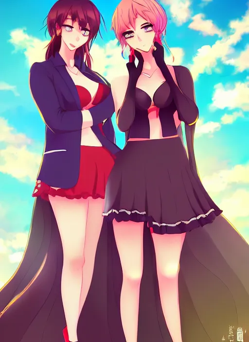 Prompt: two beautiful female teachers taunting each other, in summer clothes, gorgeous faces, smooth, thick lines, cinematic lighting, detailed anime art