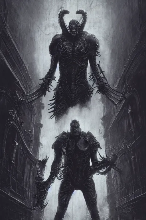 Image similar to portrait of dolph lundgren by hr giger, greg rutkowski and wayne barlowe as a diablo, resident evil, dark souls, bloodborne monster