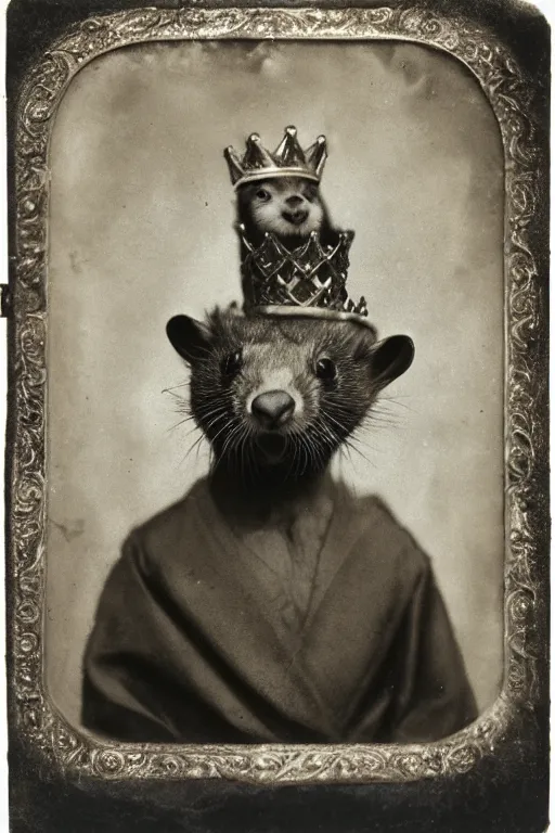 Image similar to a wet plate photo of an anthropomorphic ferret king, wearing a crown, wearing a robe