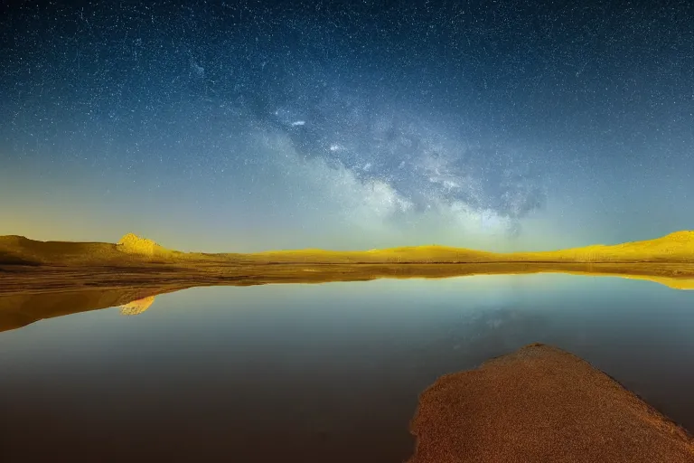 Image similar to beautiful landscape photography of an Arizona desert, lake, midnight, stars