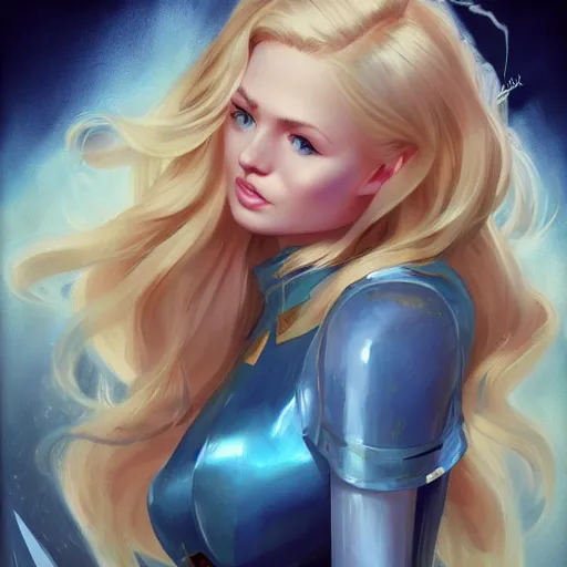 Prompt: portrait of beautiful girl with blond hair and blue eyes, League of Legend illustration by Sam Youn:1, profile picture by Gil Elvgren:2, asymmetrical, Organic Painting, Ambient Occlusion:3, Matte Painting, bold shapes, hard edges, street art, trending on artstation, realistic:2 by Sachin Teng:5