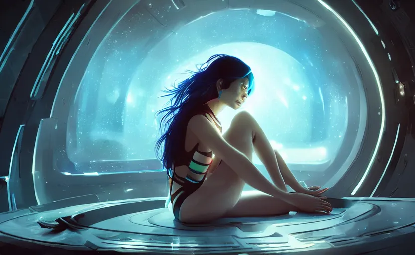 Prompt: beautiful young Himalayan woman, sitting in personal quarters of spaceship, sad, futuristic, somber, iridescent body suit with glowing stripes, by Makoto Shinkai and Wojtek Fus, by studio trigger, rossdraws, ambient occlusion, clean lineart and color, vibrant