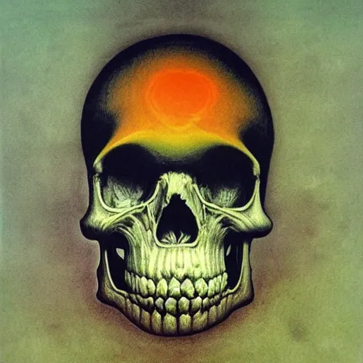 Prompt: psychedelic skull in the style of Zdzisław Beksiński,