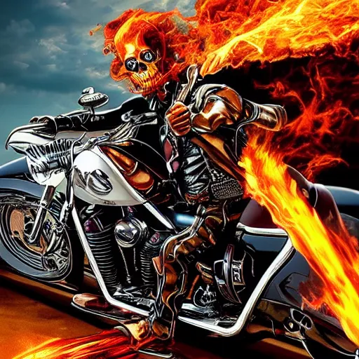 Prompt: ghost rider aiming with shotgun on motocycle, high detail, gorgeous view