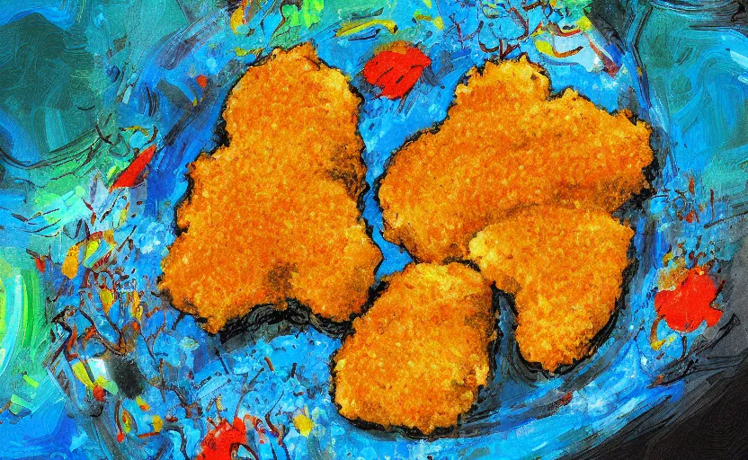 Prompt: chicken nugget, digital painting, expressionistic, intricate detail, meticulous brush strokes, genius composition, masterpiece, work of art, 4k wallpaper