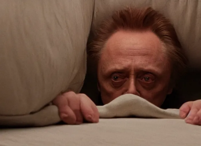 Image similar to film still of Christopher Walken hiding under a bed in the new Shining movie, 4k