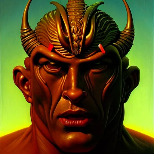 Prompt: cinematic bust portrait of a god, head and chest only, exotic god features, desaturated, Tim Hildebrandt, Wayne Barlowe, Bruce Pennington, donato giancola, larry elmore, oil on canvas, masterpiece, trending on artstation, featured on pixiv, cinematic composition, dramatic pose, beautiful lighting, sharp, details, hyper-detailed, HD, 4K, 8K