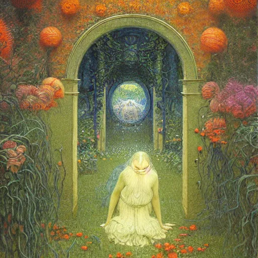 Image similar to a portal in a mysterious garden filled with spherical plants, artwork by jean delville, trending on art station