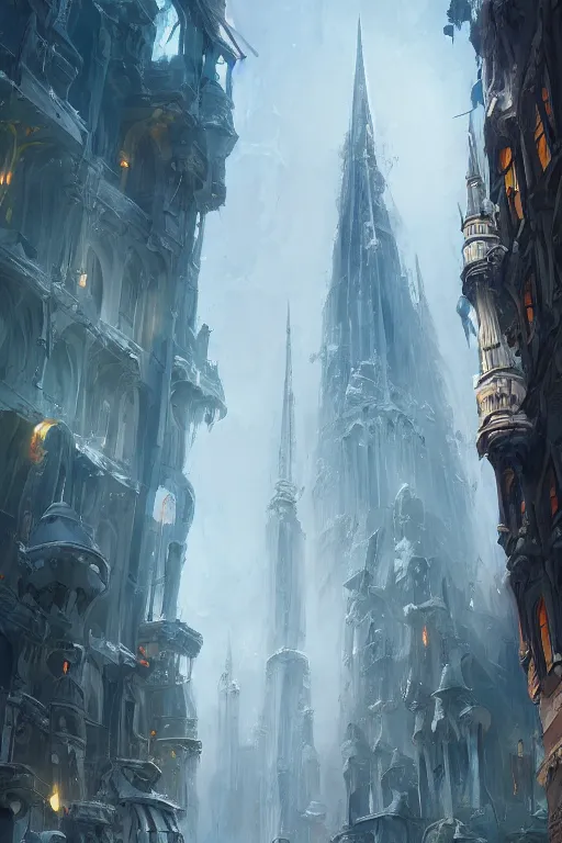 Prompt: street - level view of a magnificent white spire made of polished marble rising above a fantasy city, marc simonetti, anato finnstark, randy vargas, diego gisbert llorens, bayard wu, fantasy concept art, trending on artstation, 4 k, digital painting, beautiful