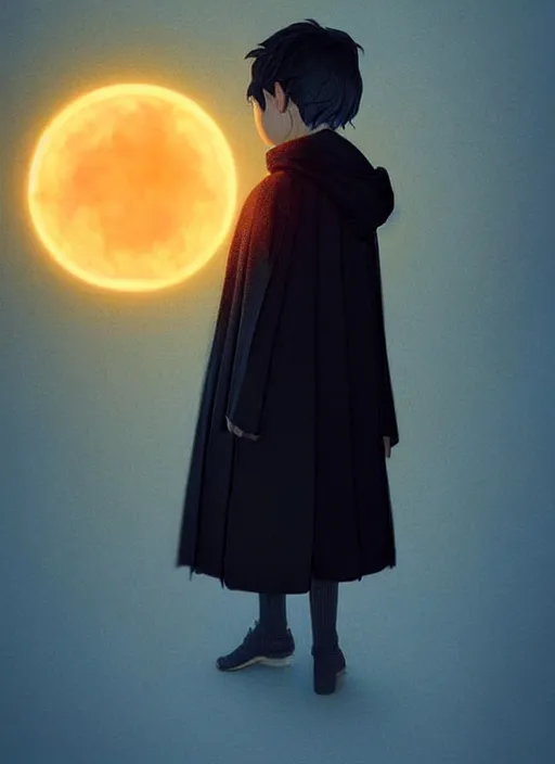 Image similar to kid wearing black cloak holding stick - 3 d vfx art - of the sun, art style by james jean & hsiao - ron cheng, character concept art, unreal engine render, digital illustration, sharp, intricate detail, volumetric light, ray tracing, soft light, symmetric, pinterest, artstation, behance,