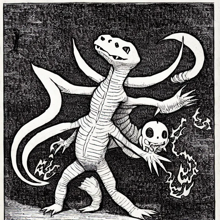 Prompt: charmander, as a demon from the dictionarre infernal, pen - and - ink illustration, etching by louis le breton, 1 8 6 9, 1 2 0 0 dpi scan, ultrasharp detail, hq scan, intricate details, stylized border