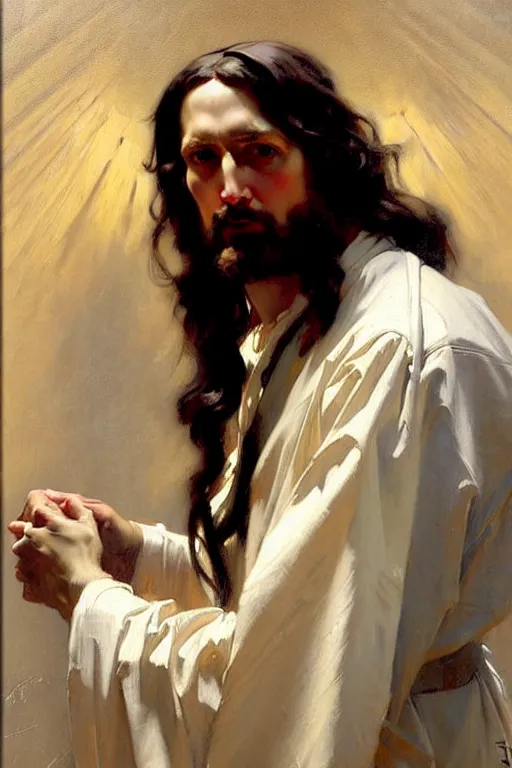 Image similar to leyendecker and solomon joseph solomon and richard schmid and jeremy lipking victorian loose genre loose painting full length portrait painting of jesus