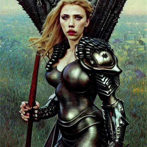 Image similar to head and shoulders portrait of an armored erinyes devil with huge bat wings, portrayed by scarlett johansson, d & d, fantasy, luis royo, magali villeneuve, donato giancola, wlop, krenz cushart, hans zatka, klimt, alphonse mucha