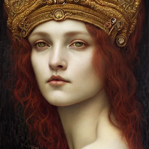 Image similar to detailed realistic beautiful young medieval queen face portrait by jean delville, tom bagshaw, brooke shaden, gustave dore and marco mazzoni, art nouveau, symbolist, visionary, gothic, pre - raphaelite, ornate gilded medieval icon, surreality