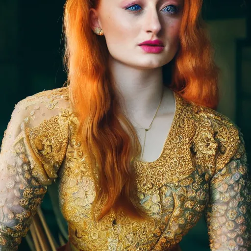 Image similar to 3 5 mm coloured film portrait of sophie turner wearing kebaya, hyperrealism, photorealistic, detailed, atmospheric, 8 k, award winning photography, cinematic