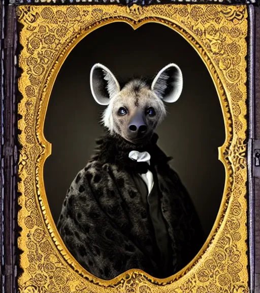 Prompt: professional studio photo portrait of anthro anthropomorphic spotted hyena head animal person fursona smug smiling wearing elaborate pompous royal king robes clothes wallet frame by Louis Daguerre daguerreotype tintype