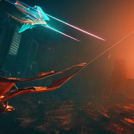 Prompt: a pterodactyl shooting lasers from is eyes flying over a destroyed city cyberpunk, fantasy, 4 k, octane render