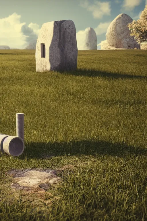 Image similar to a detailed render of an isolated lonely marble pipe organ, in the middle of a field, supported by a lone stone column, trending on artstation, render, 3 d, octane, 4 k, 8 k, unreal engine, cinema 4 d, baroque, art deco