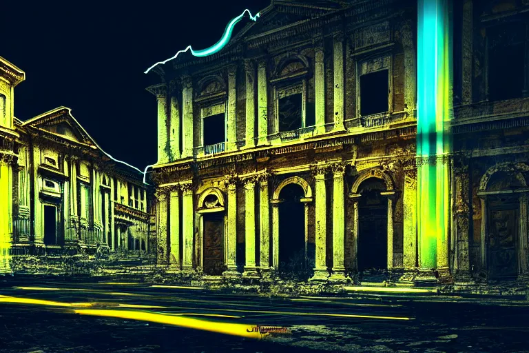 Prompt: ancient roman style buildings by canaletto and carne griffiths, neon, night light, long exposure photo, glitch, hd, artstation