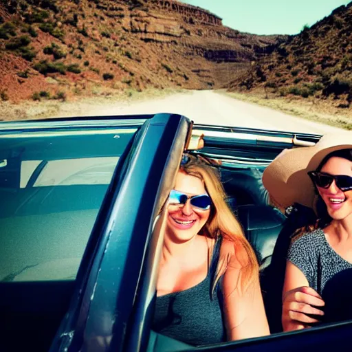 Prompt: three friends in an open convertible, roadtrip on route 66