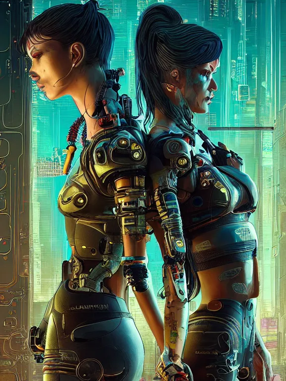 Image similar to a cyberpunk 2077 illustration half body portrait of two female android dancer queen,complex mess of cables and wires behind them connected to giant computer, film lighting, by laurie greasley,Lawrence Alma-Tadema,William Morris,Dan Mumford, trending on atrstation, full of color, mythological, high detailed,golden ratio,symmetrical proportions,cinematic lighting