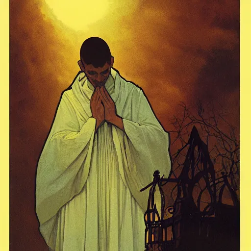 Image similar to A frightened young, thin and stern catholic priest in his thirties fervently praying as he is about to die from the ominous terrifying Lovecraftian yellow shadow descending upon him from the night sky. He is at the top of a medieval tower. Low angle, dramatic lighting. Art by Greg Rutkowski and Alphonse Mucha but as a photograph