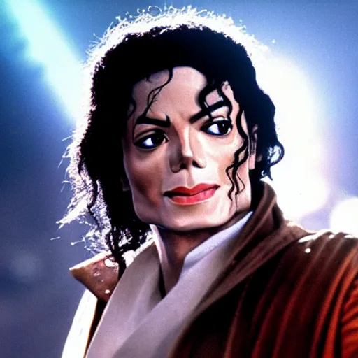 Prompt: A film still of Michael Jackson as Obi wan kenobi front Star wars realistic,detailed,close up