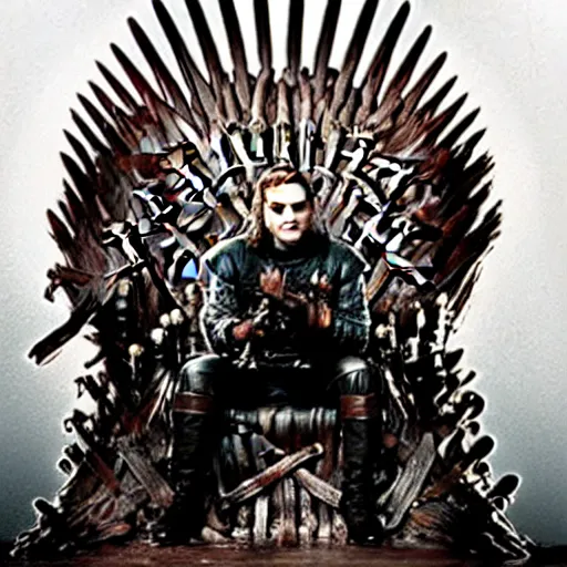 Image similar to skrillex sitting on the iron throne of game of thrones