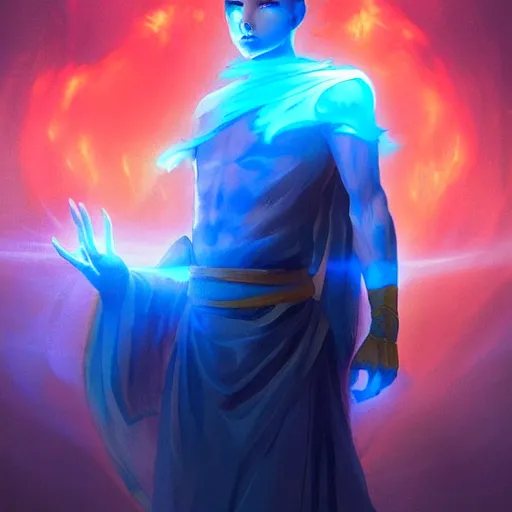 Prompt: a fantastical glowing young monk made of blue aura illustrated by artgerm and greg rutkowski