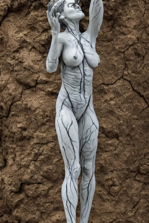 Prompt: a witch statue made in feldspar showing her veins along her body, realistic high level of quality and detail, 8 k