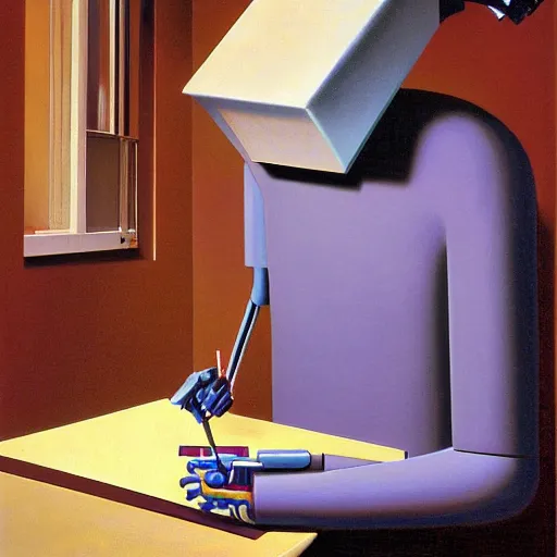 Image similar to robot artist artist painting a self portrait, by clyde caldwell, james c. christensen, george tooker