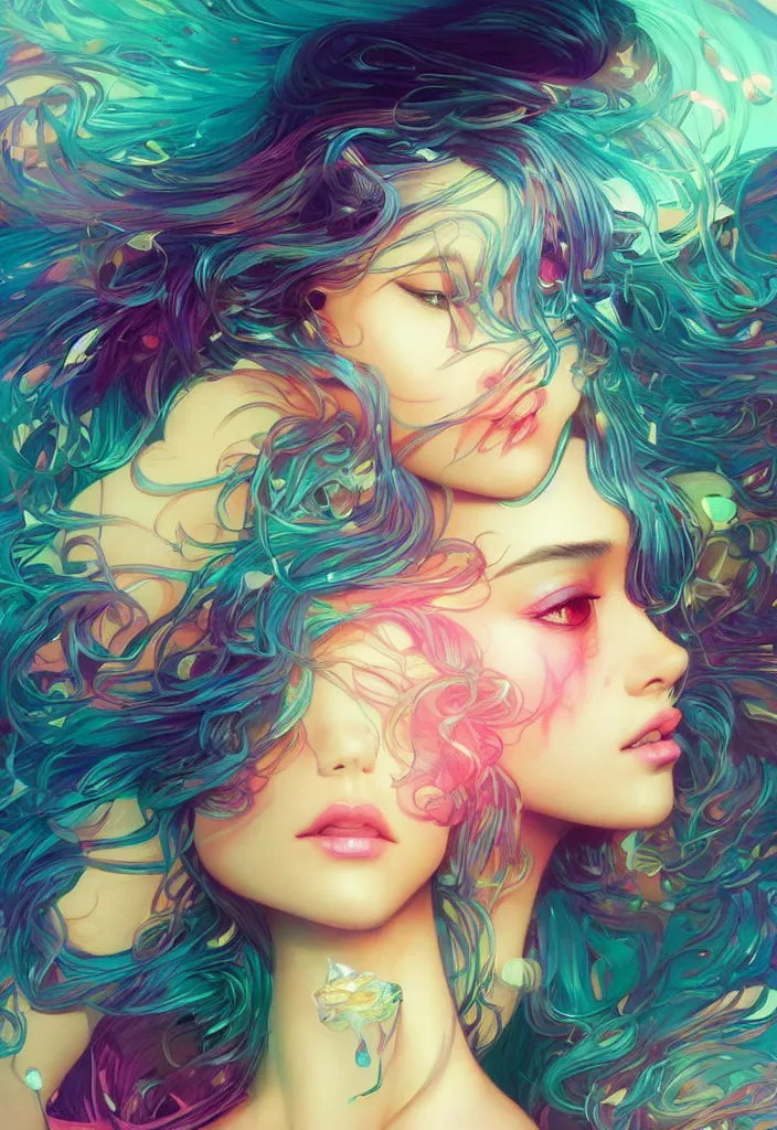 Image similar to beautiful, young woman, detailed gorgeous face, vaporwave aesthetic, synthwave, colorful, psychedelic, artstation, concept art, smooth, extremely sharp detail, finely tuned detail, ultra high definition, 8 k, unreal engine 5, ultra sharp focus, illustration, art by artgerm, greg rutkowski and alphonse mucha