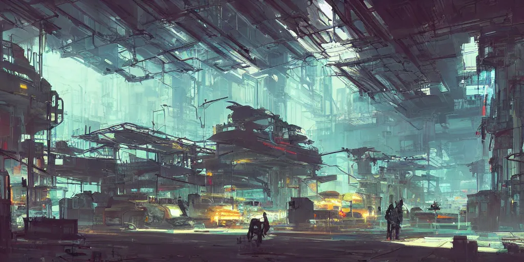 Image similar to concept art of a cyberpunk factory filled with drone workers, grimy, gritty, blade runner 2 0 4 9, trending on artstation, award winning painting, cgi, art by john berkey and anton fadeev and john howe and simon stalenhag