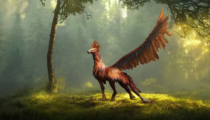 Image similar to A beautiful painting of a griffin in a magical forest, ray traced sun light, by Cindy Avelino and Kalin Popov , Trending on artstation HD.