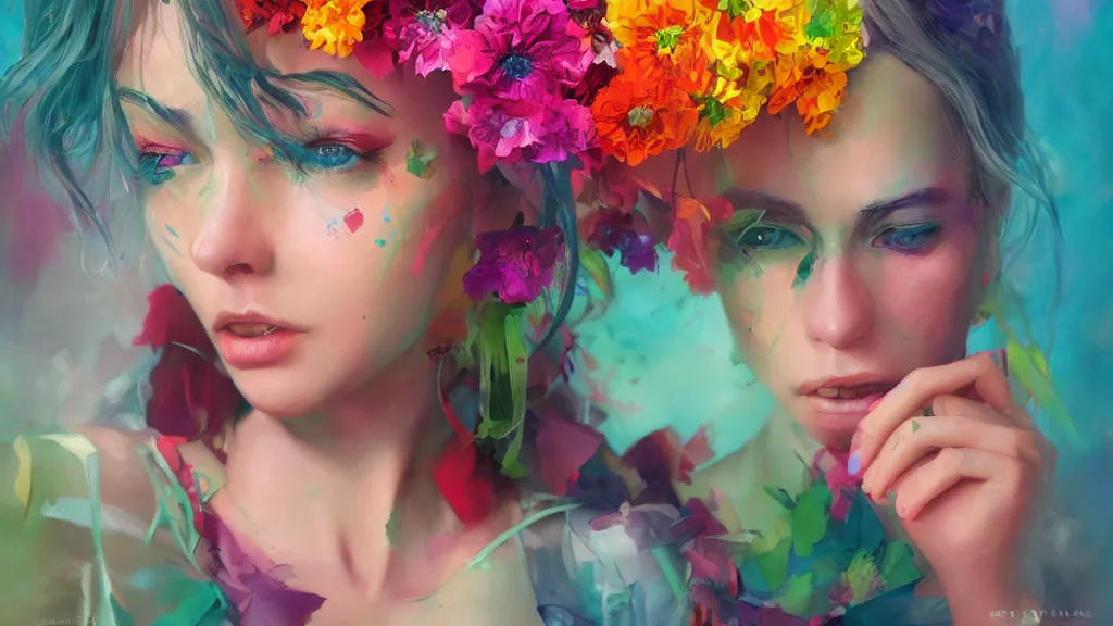 Image similar to stunning colorful mixed media art, female character, flowers, art by cgsociety, 8 k, high resolution