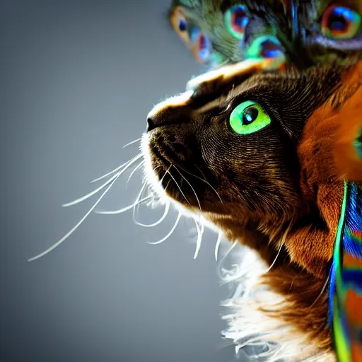 Prompt: A picture of a cute cat with a peacock tail and feather on the back. Dark background. Distant shot, award winning, highly detailed, stunning, 8k