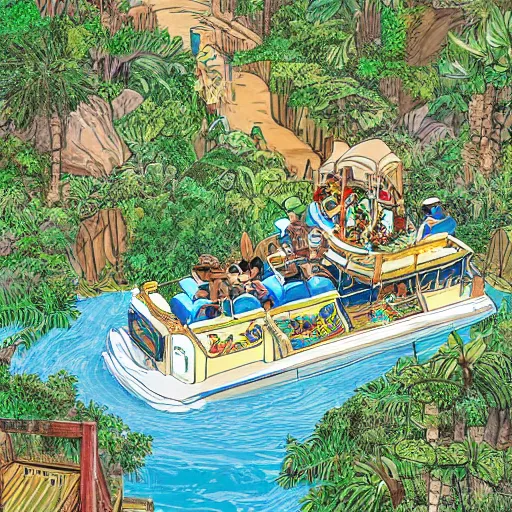 Prompt: aerial view of the jungle cruise riverboat in a river in adventureland disneyland, poster art, sketched nautical navigation map