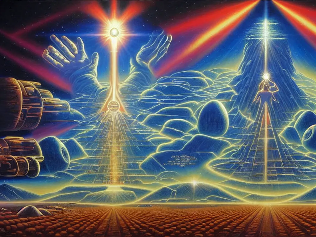 Image similar to a beautiful future for human evolution, spiritual evolution, divinity, enlightenment, utopian, by david a. hardy, wpa, public works mural, socialist