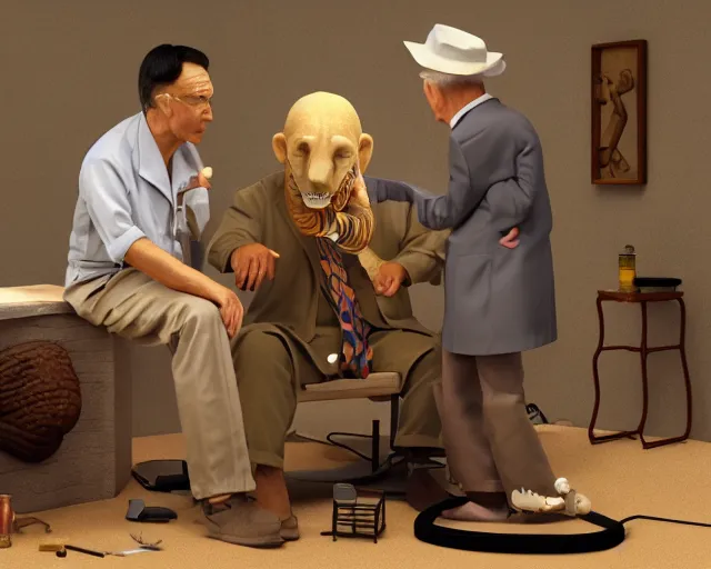 Prompt: the famous snake oil salesman Uncle Aloysius curing a patient of 🐻, painting by Grant Wood, 3D rendering by Beeple, sketch by R. Crumb