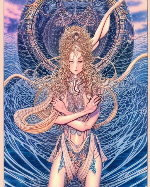 Image similar to hyper detailed illustration of the goddess of the ocean, intricate linework, lighting poster by moebius, ayami kojima, 90's anime, retro fantasy