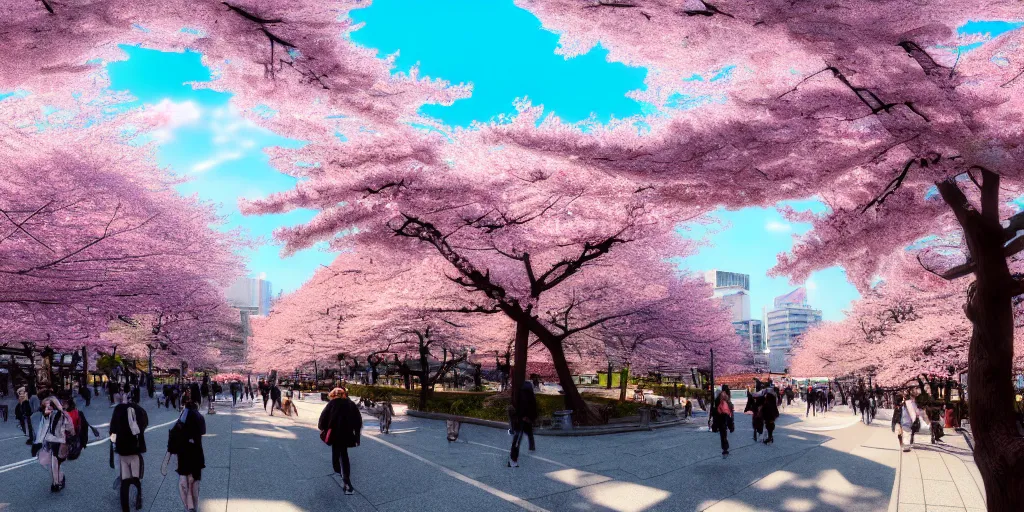 Image similar to anime style cityscape, spring season city, cherry blossoms blowing in the wind, day time, sun high in the sky, sun glare, clear weather, blue sky, tokyo japan, very few people walking, high detail and very sharp, detailed shading, artstation, wallpaper, kyoto animation productions, a silent voice