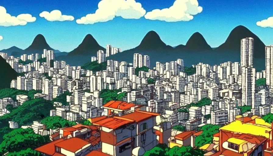 Image similar to 1 9 8 6 movie screencap of rio de janeiro, studio ghibli sky, beautiful favela background extremely utra high quality artwork 8 k