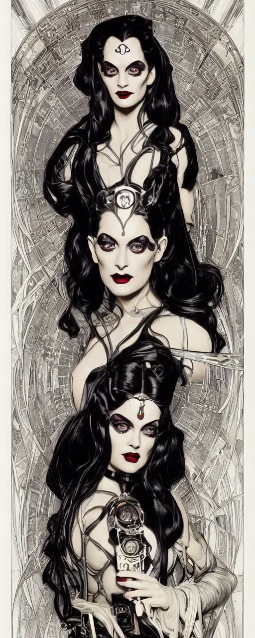 Prompt: a beautiful and captivating sci - fi art nouveau style portrait of lily munster as a futuristic gothpunk rebel soldier by chris achilleos, travis charest and alphonse mucha, mixed media painting, photorealism, extremely hyperdetailed, perfect symmetrical facial features, perfect anatomy, ornate declotage, circuitry, technical detail, confident expression, wry smile