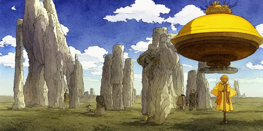 Image similar to a hyperrealist studio ghibli watercolor fantasy concept art of a giant chinese god and a small grey alien with a yellow robe in stonehenge in the early morning. a giant gold ufo is floating in the air. by rebecca guay, michael kaluta, charles vess