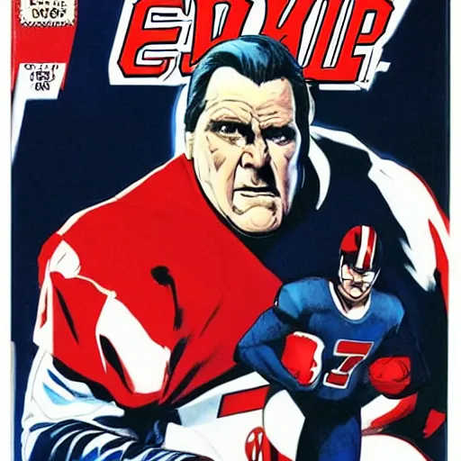 Prompt: comic book cover for'evil coach belichick ', art by alex ross